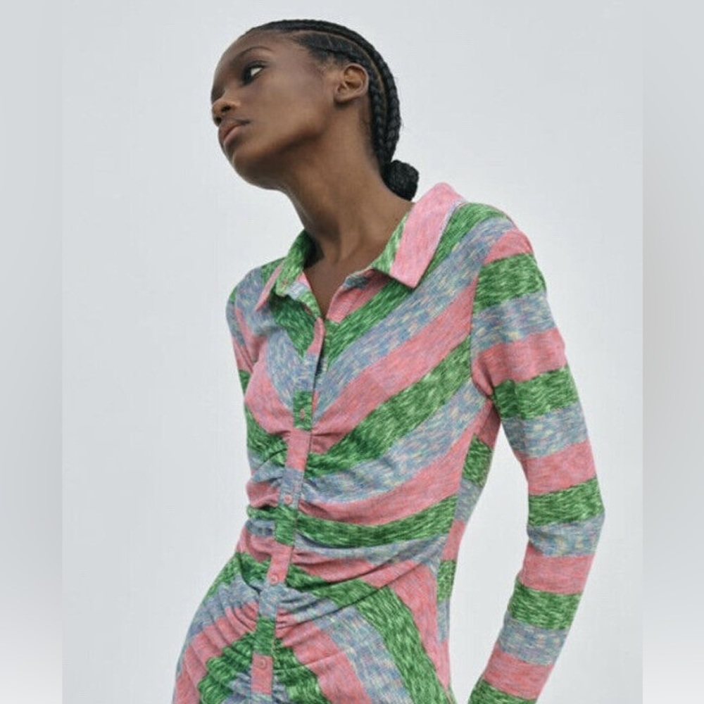 Zara Striped Ruched Shirt Dress